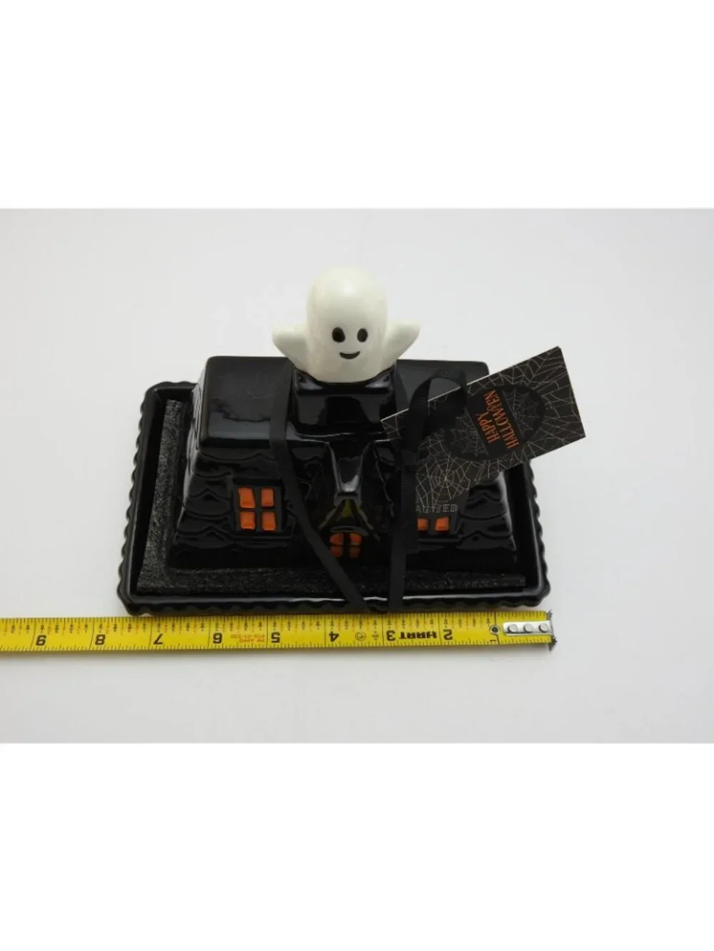 Halloween Haunted House Ghost Ceramic Butter Dish Black Orange Hand Painted NWT